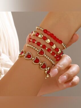 Gold & Red Heart Bead Bracelet Set